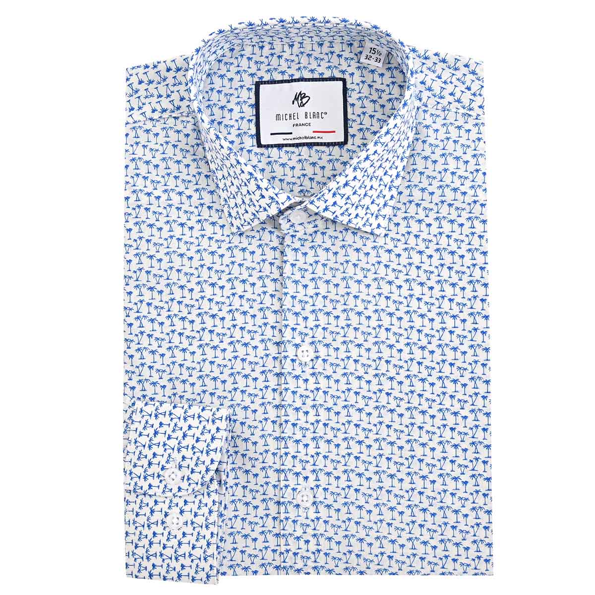 Camisa De Manga Larga Con Estampado De Palmas Azul Con Blanco