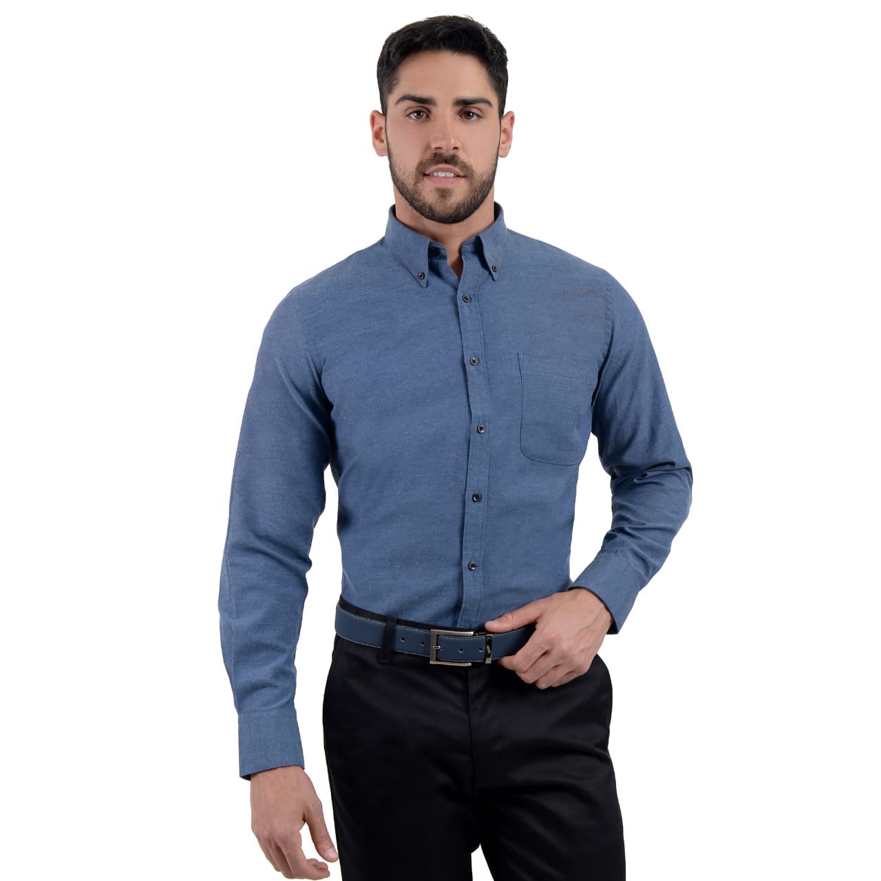 Camisa Casual Hombre Manga Larga En Índigo Con Botones