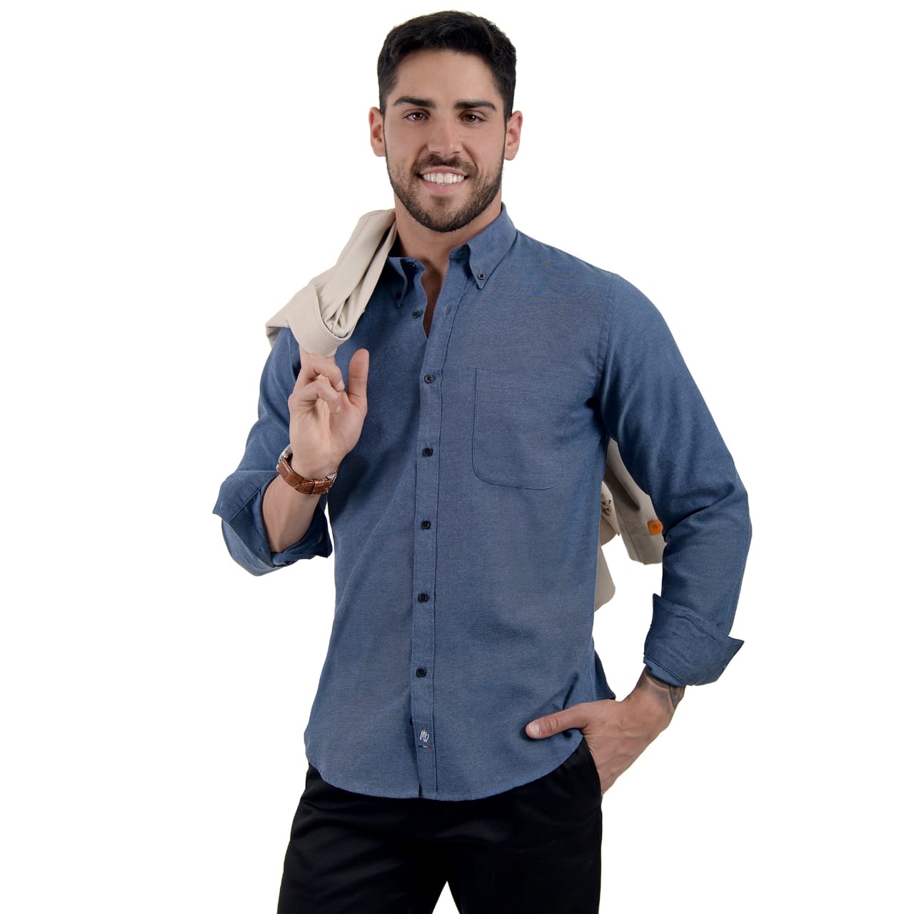 Camisa Casual Hombre Manga Larga En Índigo Con Botones