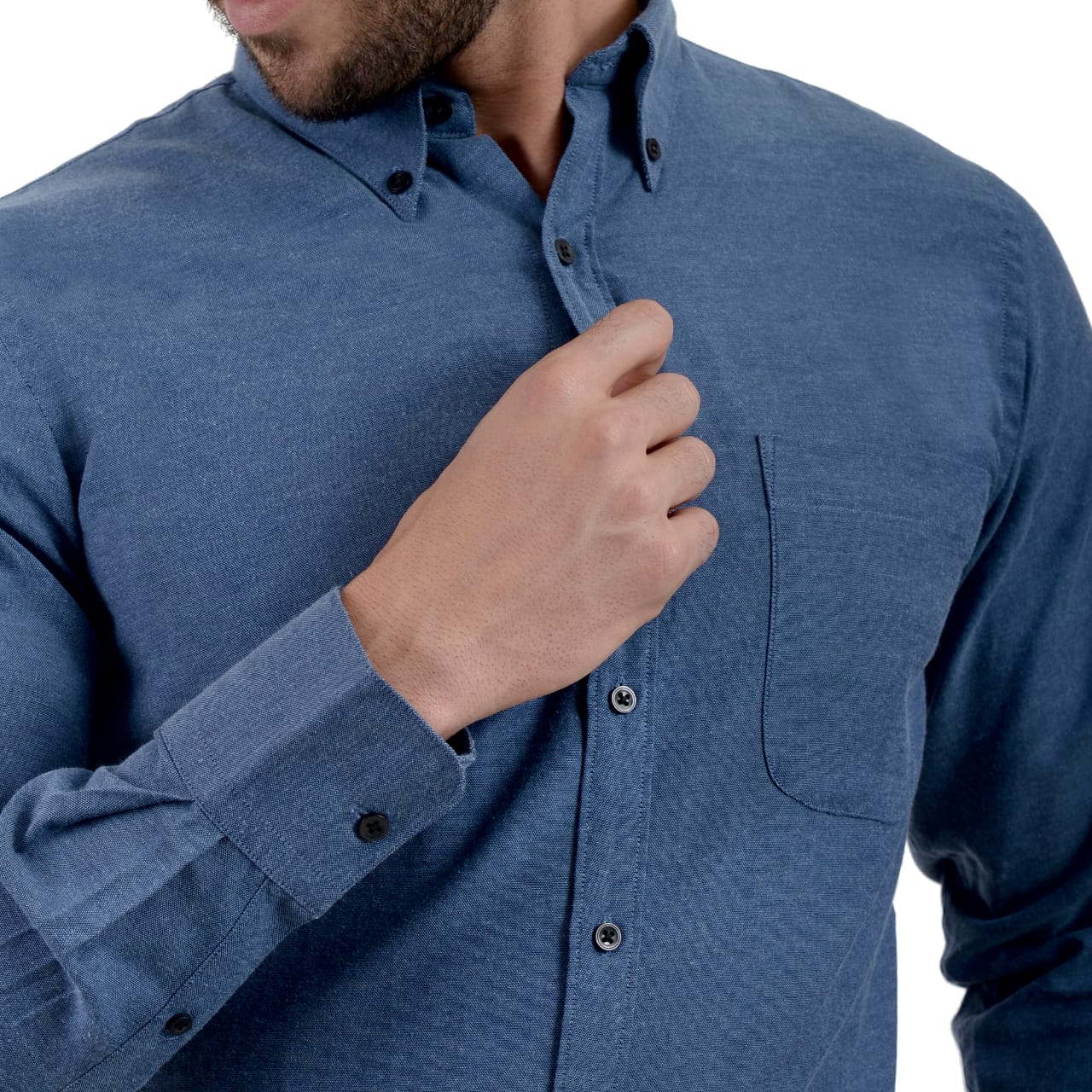 Camisa Casual Hombre Manga Larga En Índigo Con Botones