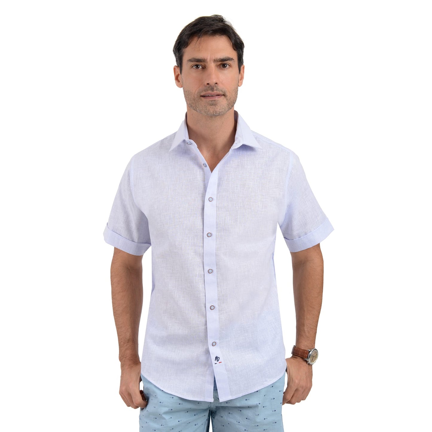 Camisa De Manga Corta De Lino Azul Claro