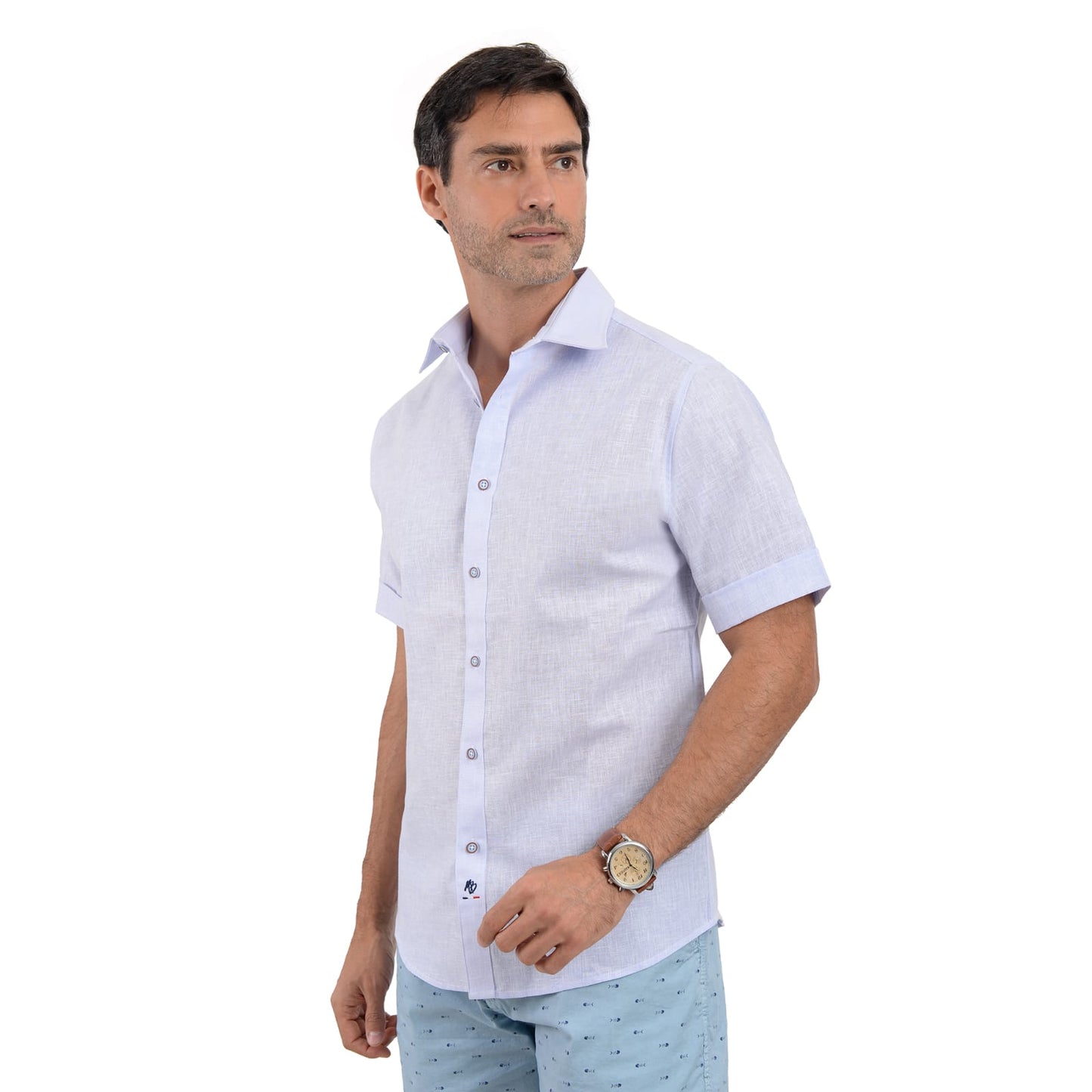 Camisa De Manga Corta De Lino Azul Claro