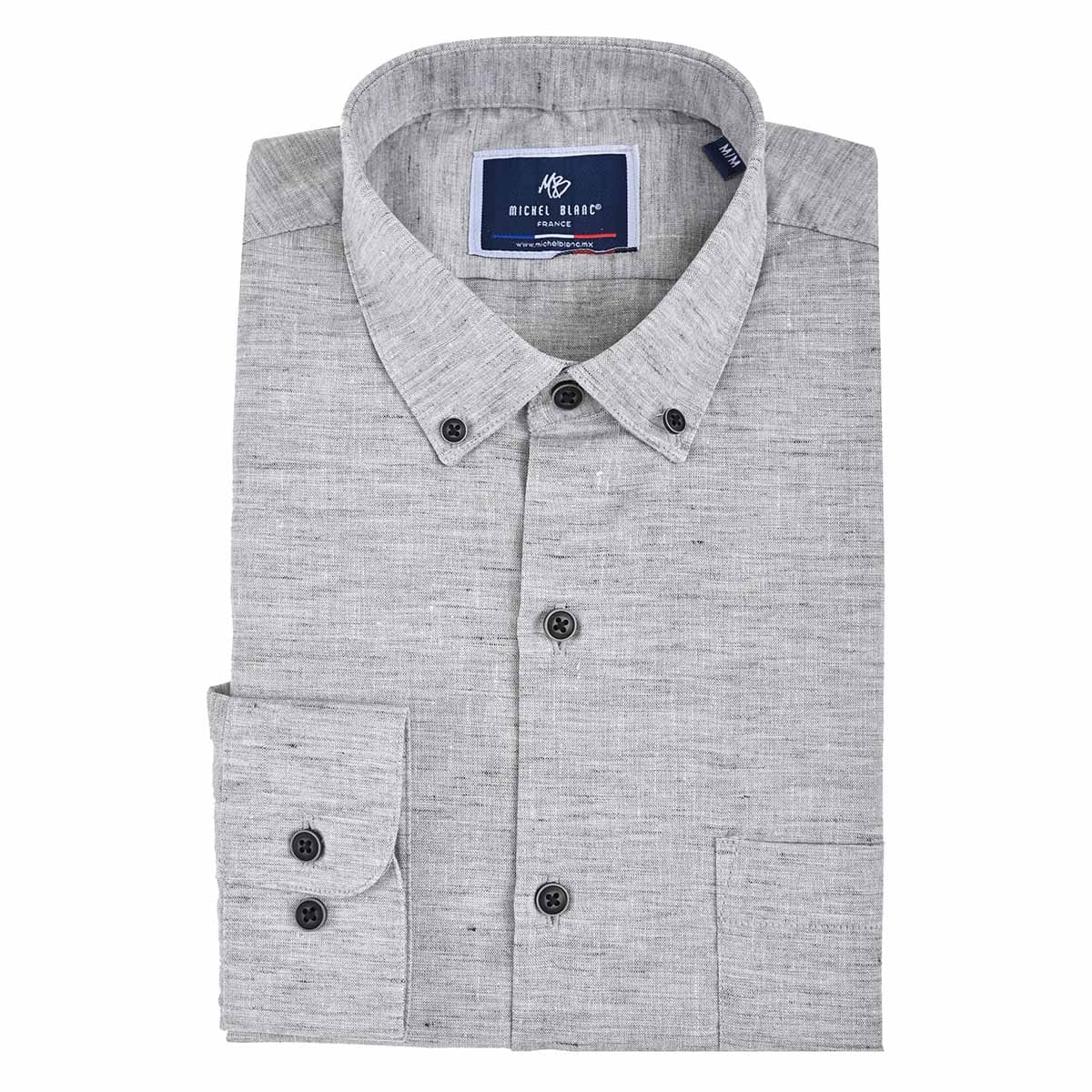 Camisa Casual Hombre Manga Larga Tipo Lino Gris Claro