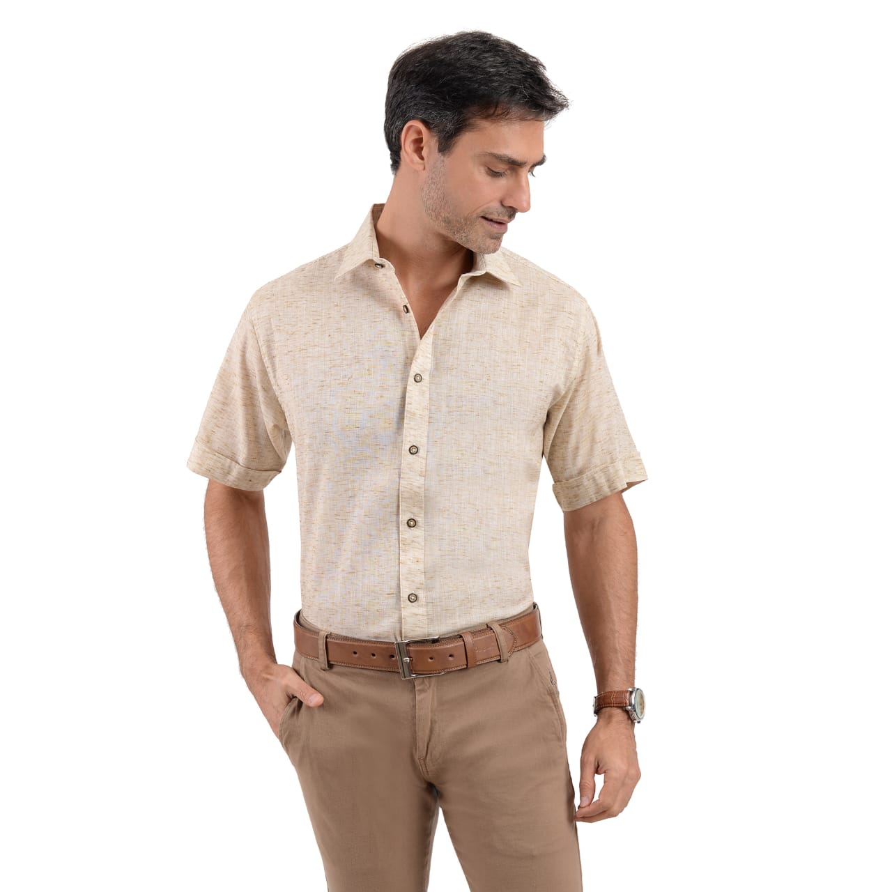 Camisa De Manga Corta Color Beige