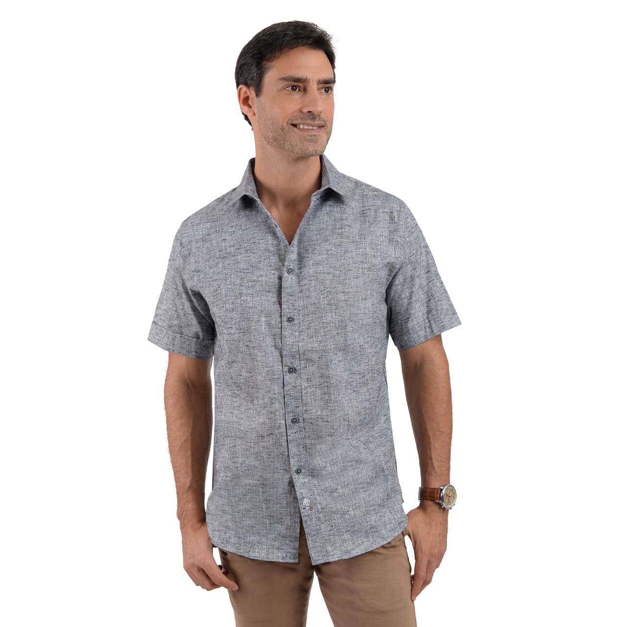 Camisa De Manga Corta De Lino Gris Oxford