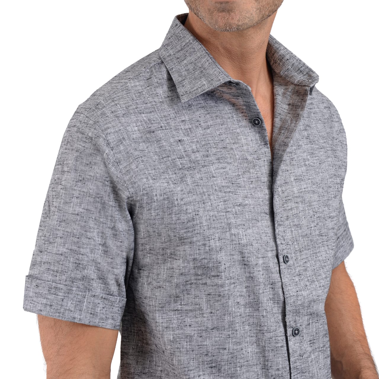 Camisa De Manga Corta De Lino Gris Oxford
