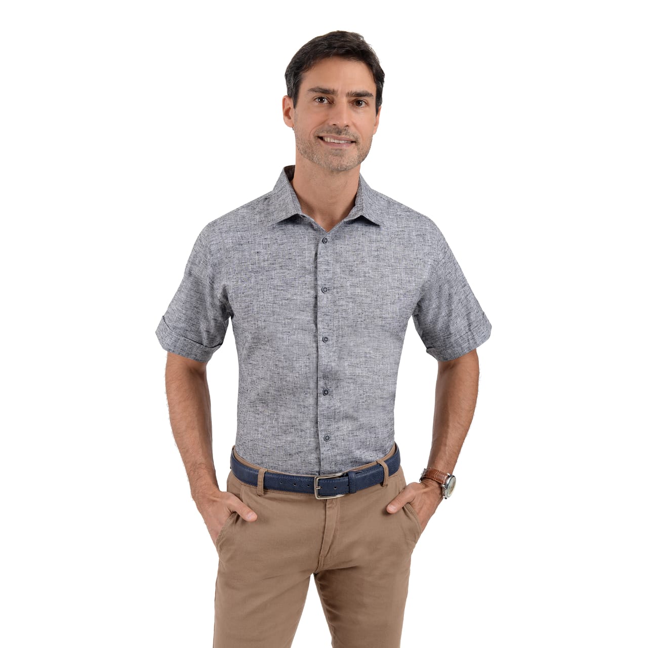 Camisa De Manga Corta De Lino Gris Oxford