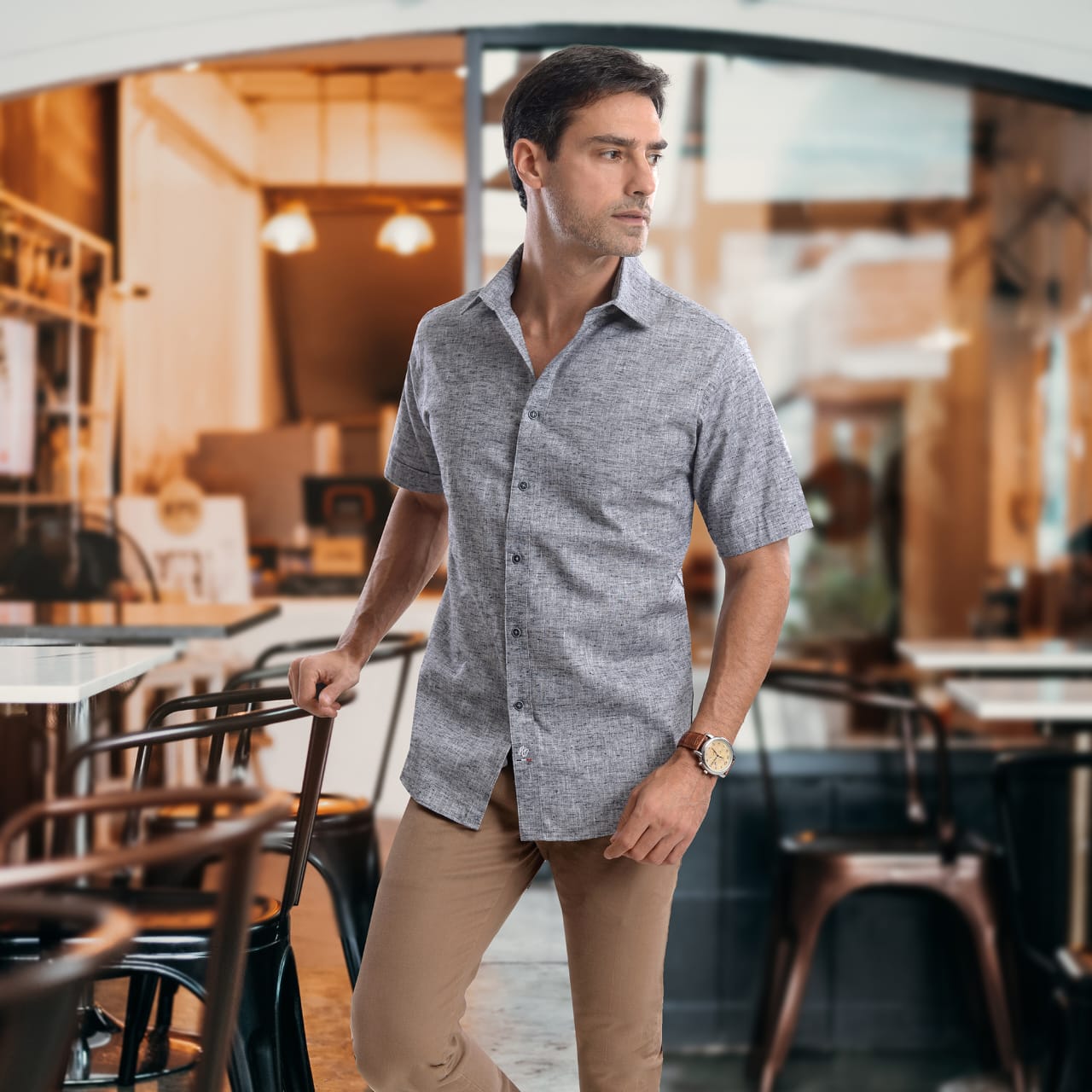 Camisa De Manga Corta De Lino Gris Oxford