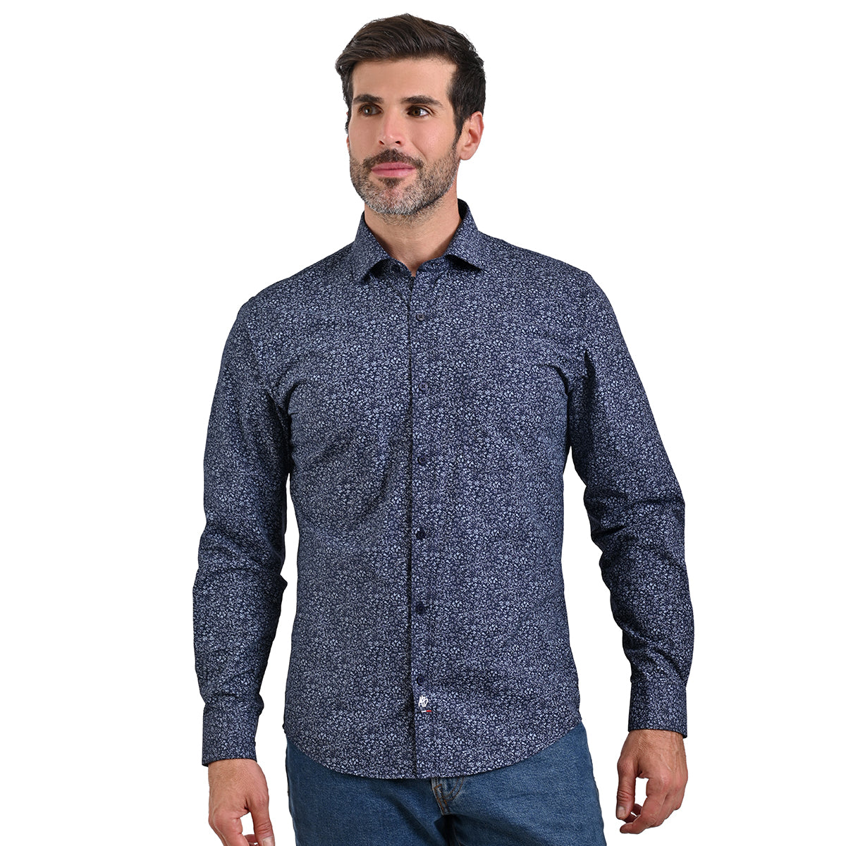 Camisa De Vestir De Manga Larga Estampada Azul Marino Para Hombre