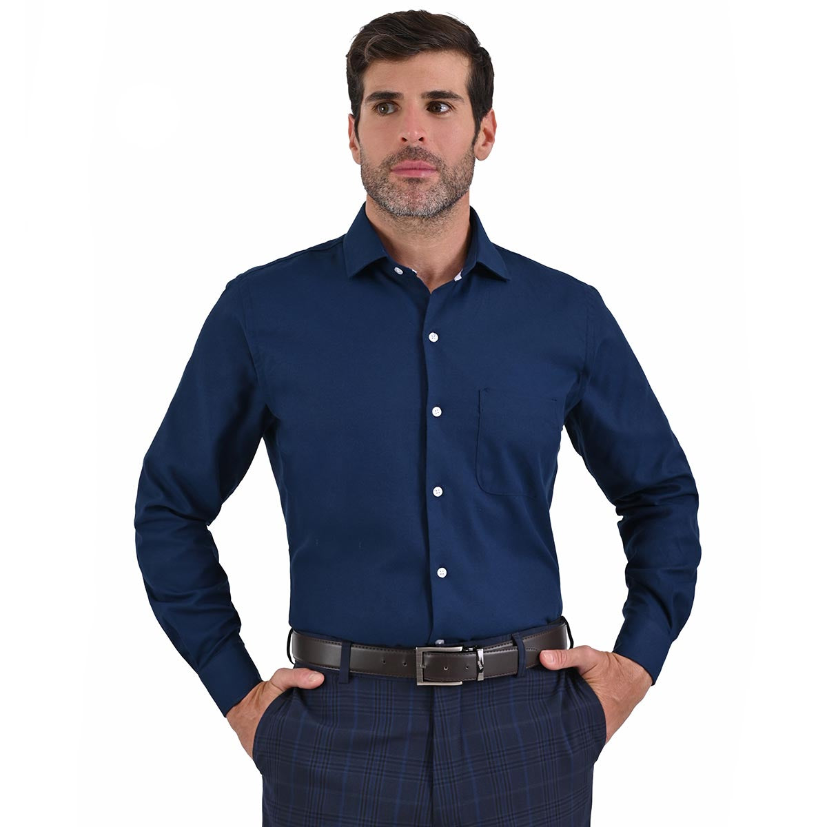 Camisa elegante a cuadros de manga larga para hombre azul oscuro