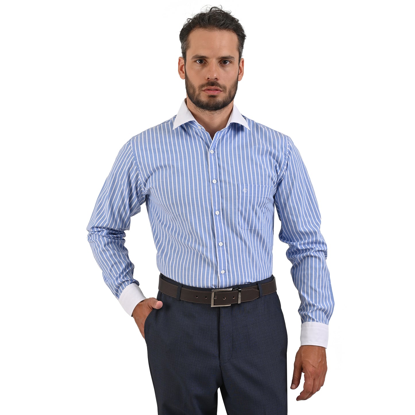 Camisa Michel Blanc Cuello y Puño blanco, azul con rayas
