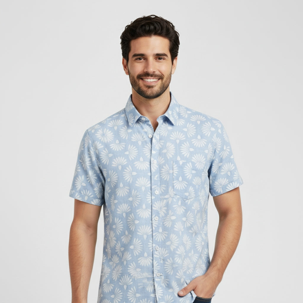 Camisa manga corta azul cielo con flores blancas – Michel Blanc