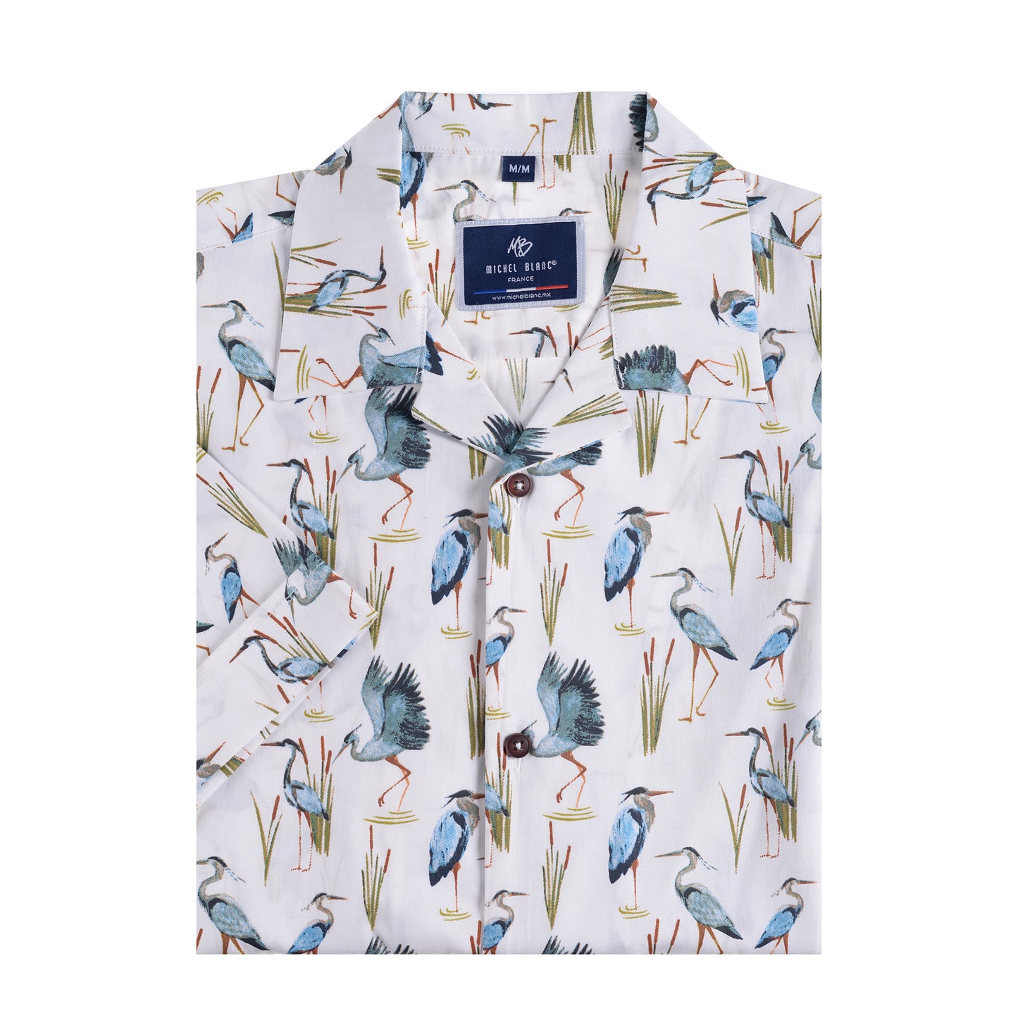 Camisa manga corta cuello con solapa estilo resort y estampado de garzas