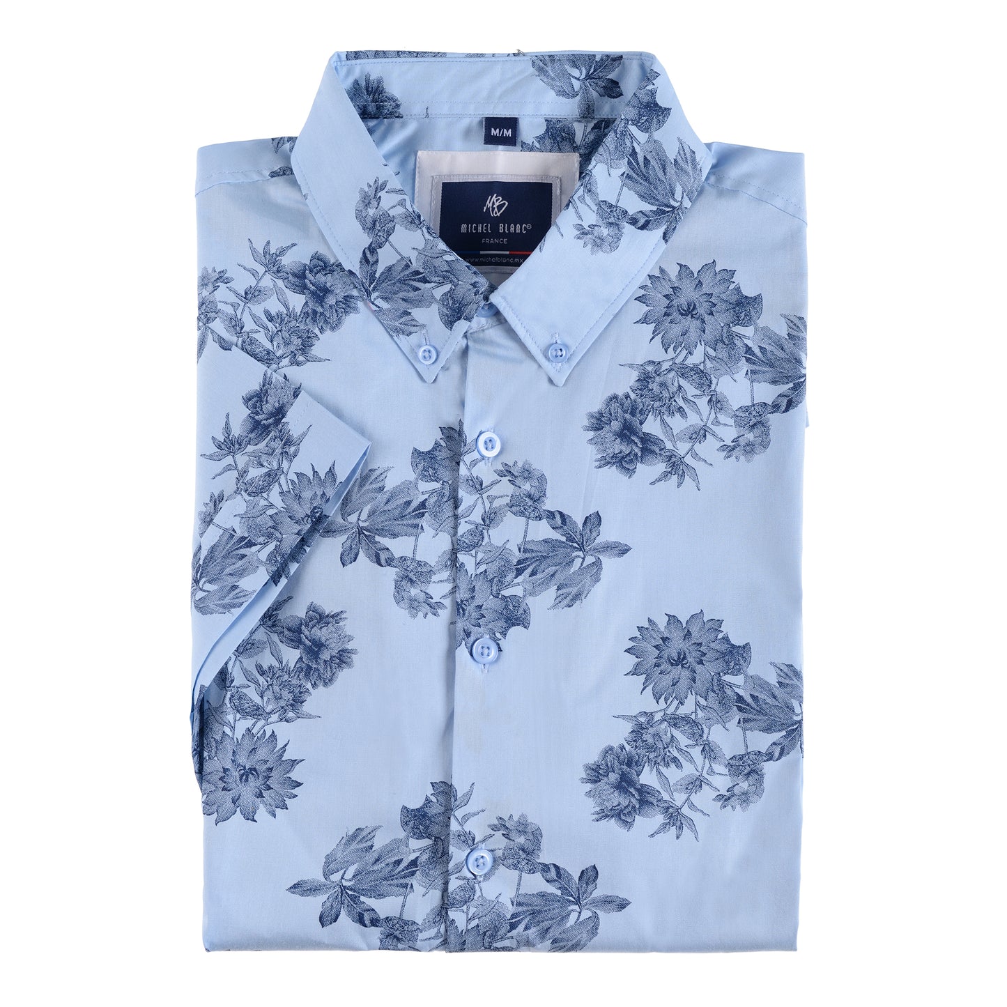 Camisa Azul Manga Corta Estampada Con Flores