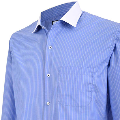 Camisa De Hombre De Rayas Azules Con Cuello Y Puños Blancos
