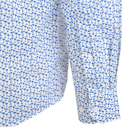 Camisa De Manga Larga Con Estampado De Palmas Azul Con Blanco