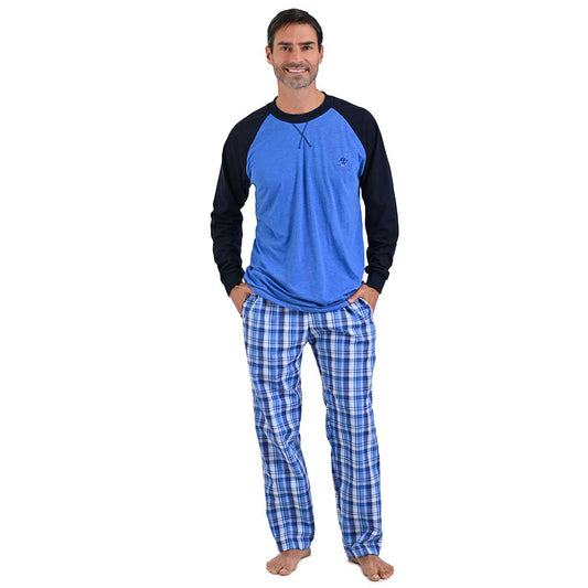 Pijama manga larga azul y pantalón a cuadros azul