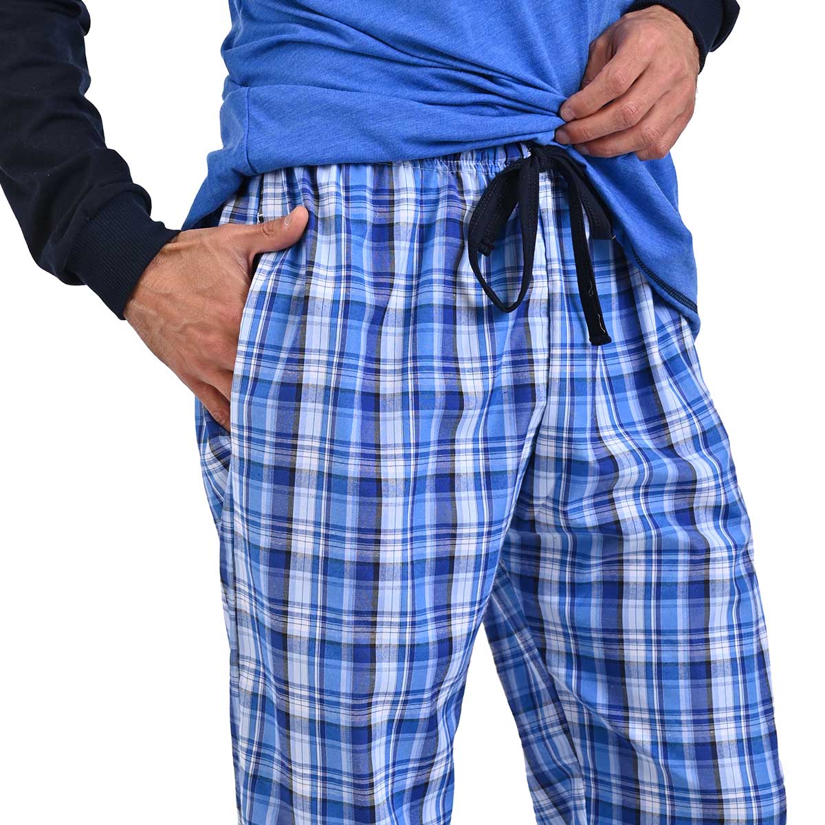 Pijama manga larga azul y pantalón a cuadros azul