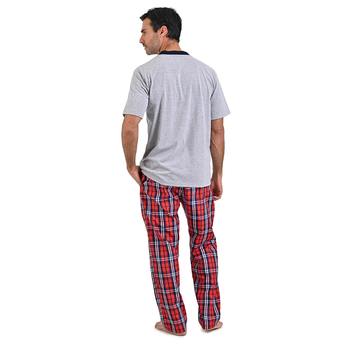 Pijama manga corta gris con pantalón a cuadros rojo