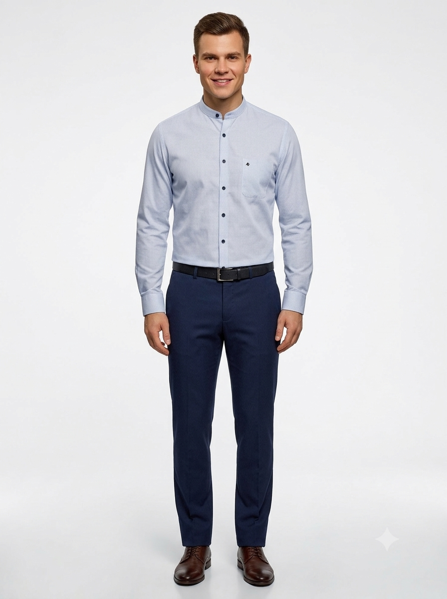Elegancia Minimalista: Camisa de Cuello Mao en Azul Cielo Texturizado