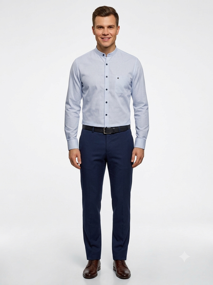 Elegancia Minimalista: Camisa de Cuello Mao en Azul Cielo Texturizado