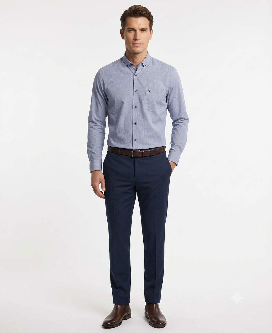 Camisa Azul Marino Texturizada con Cuello Button Down – Classic Fit