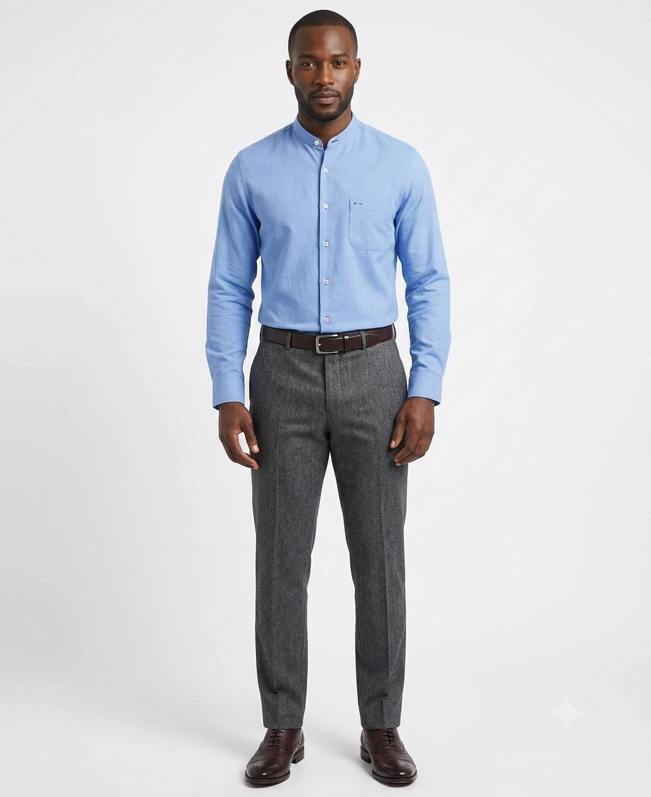 Camisa Manga Larga Cuello Mao Celeste – Classic Fit