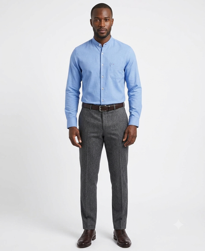 Camisa Manga Larga Cuello Mao Celeste – Classic Fit