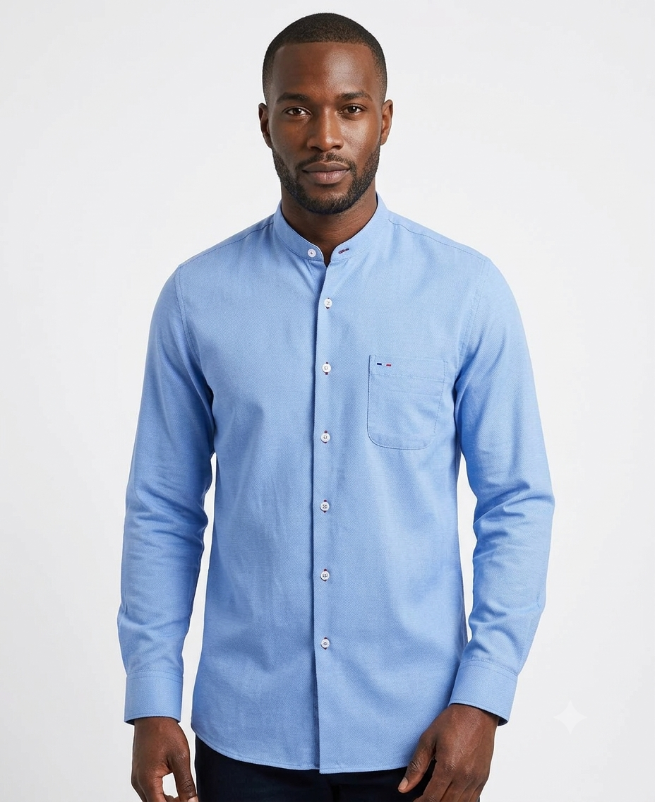 Camisa Manga Larga Cuello Mao Celeste – Classic Fit