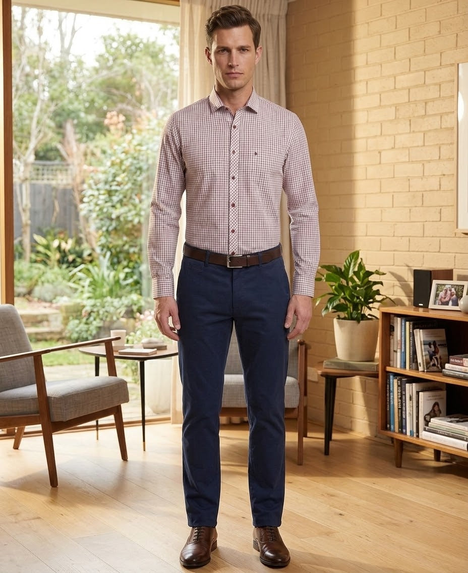 Camisa de vestir con patrón de cuadros y toque moderno en rojo