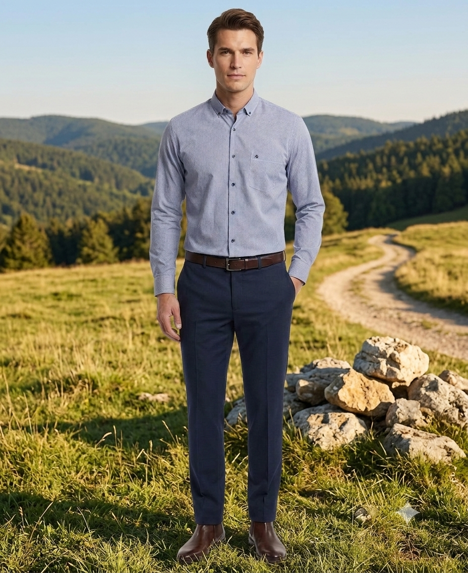 Camisa Azul Marino Texturizada con Cuello Button Down – Classic Fit