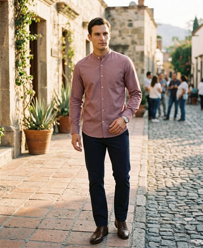 Camisa Smart Casual Vino con Cuello Mao