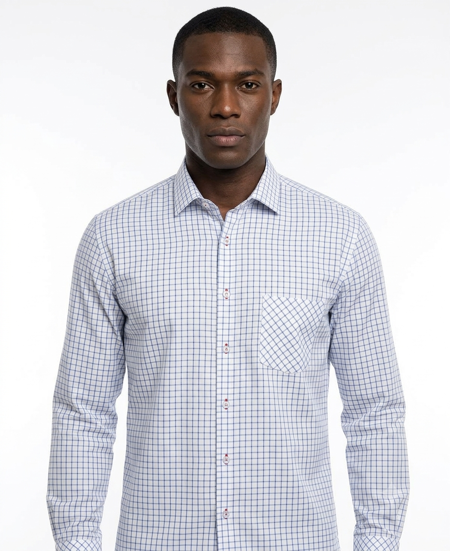 Camisa Blanca Estampado Cuadrícula Azul | Smart Casual