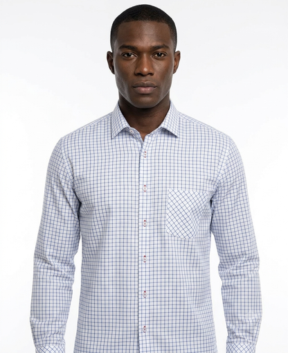 Camisa Blanca Estampado Cuadrícula Azul | Smart Casual