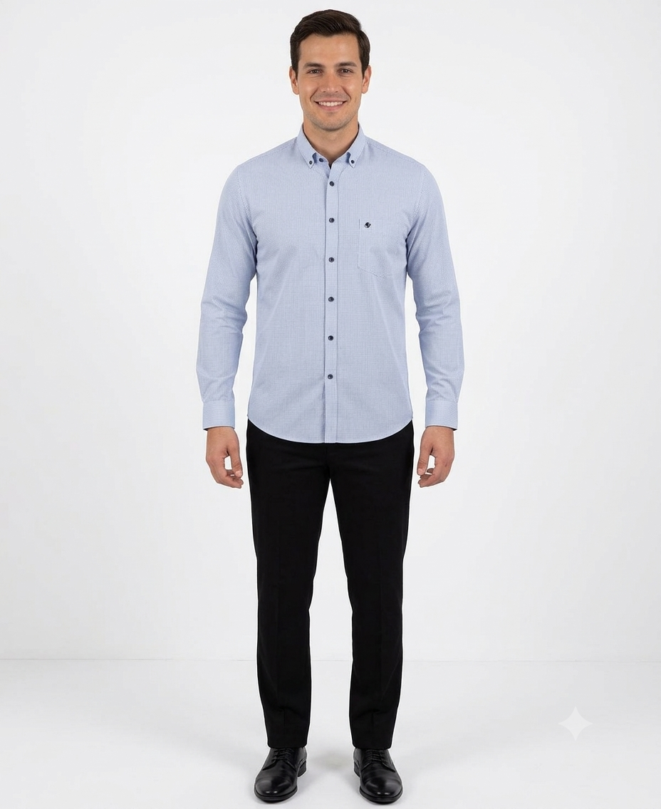 Camisa Azul Cielo Estampado Micro Puntos – Cuello Button-Down