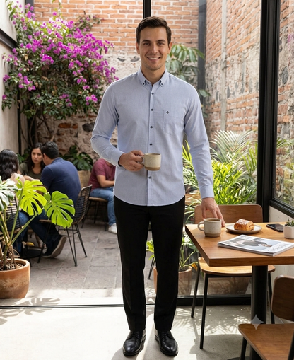 Camisa Azul Cielo Estampado Micro Puntos – Cuello Button-Down