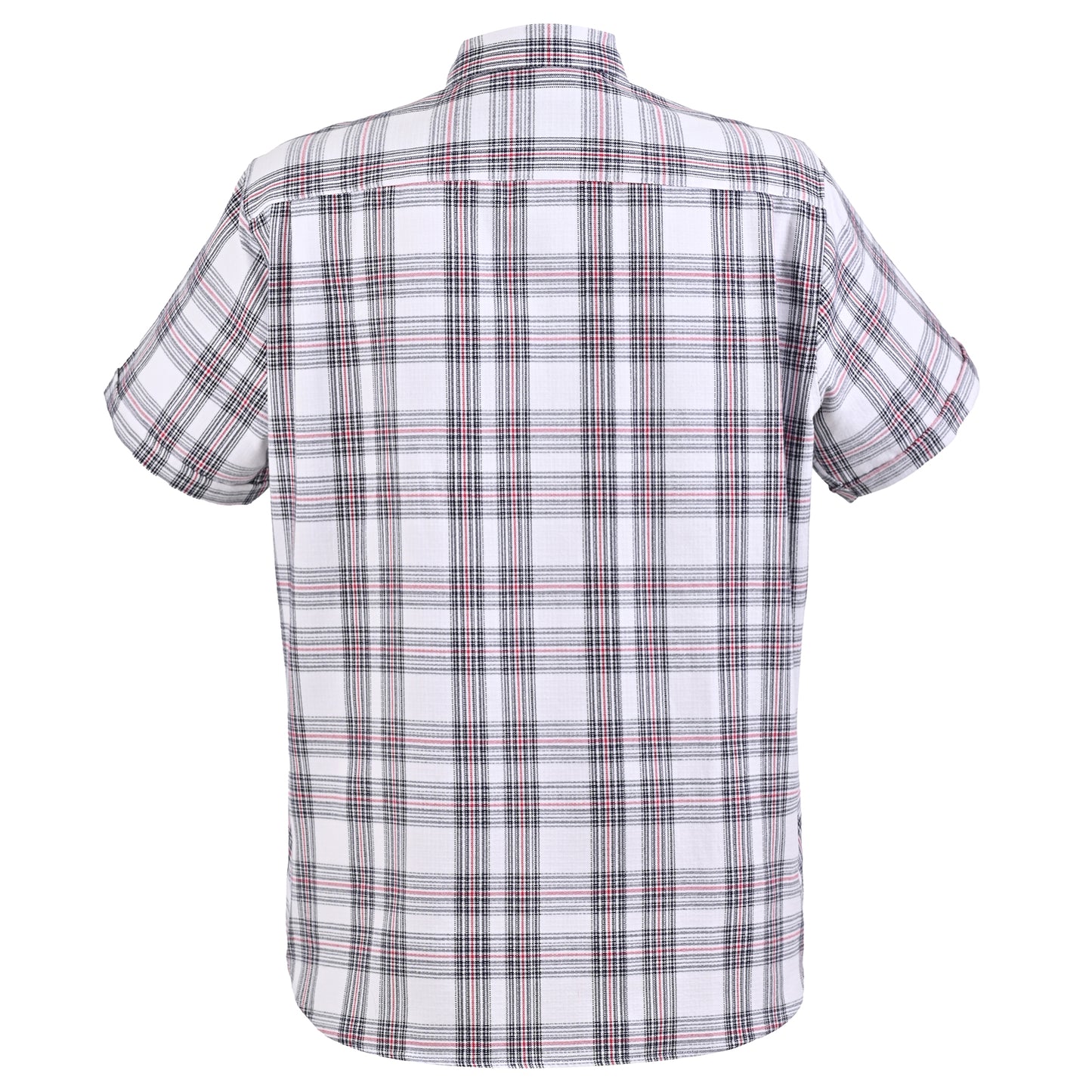 Camisa manga corta blanca con cuadros azul marino y rojo