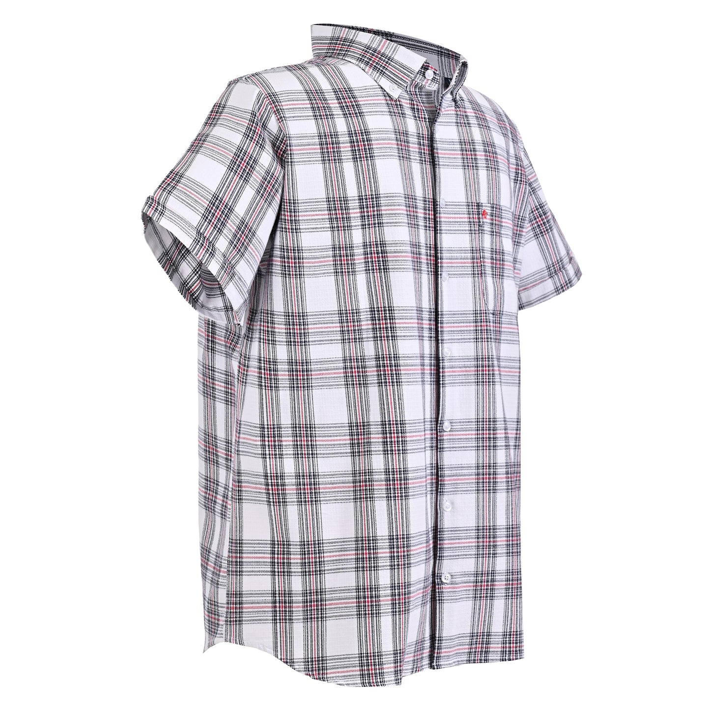 Camisa manga corta blanca con cuadros azul marino y rojo