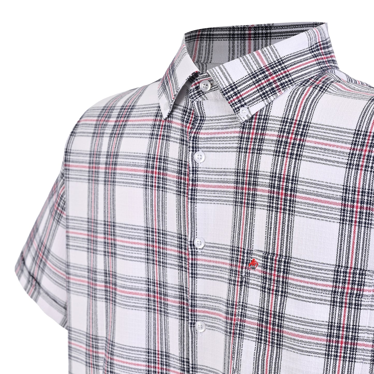 Camisa manga corta blanca con cuadros azul marino y rojo