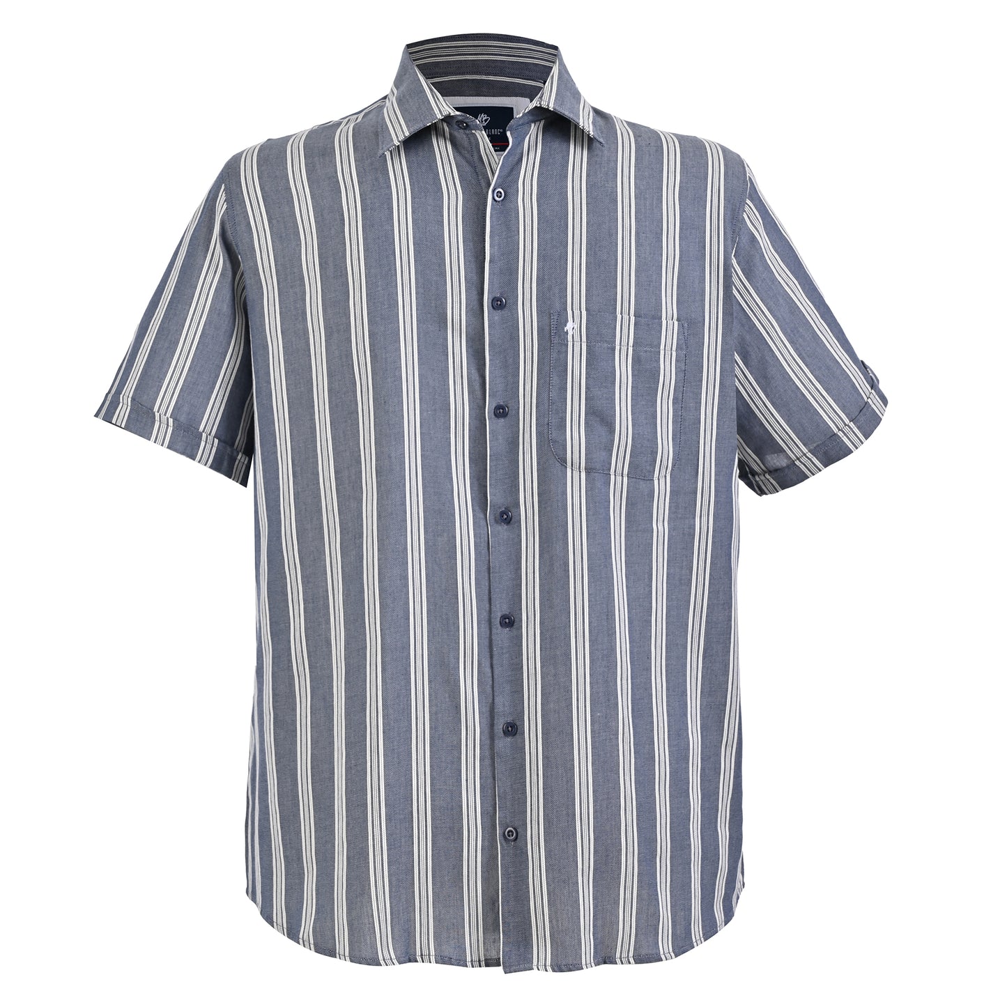 Camisa manga corta azul marino con rayas blancas