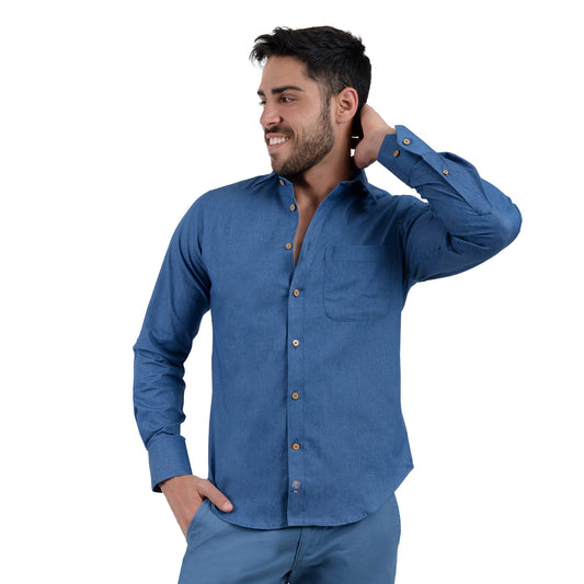 Camisa Casual Hombre Manga Larga Tipo Denim Azul
