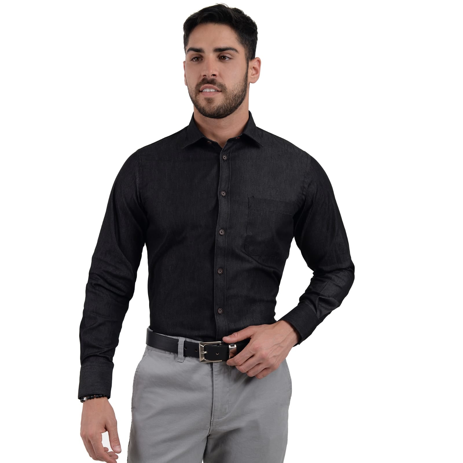 Camisa Casual Hombre Manga Larga Denim Negra