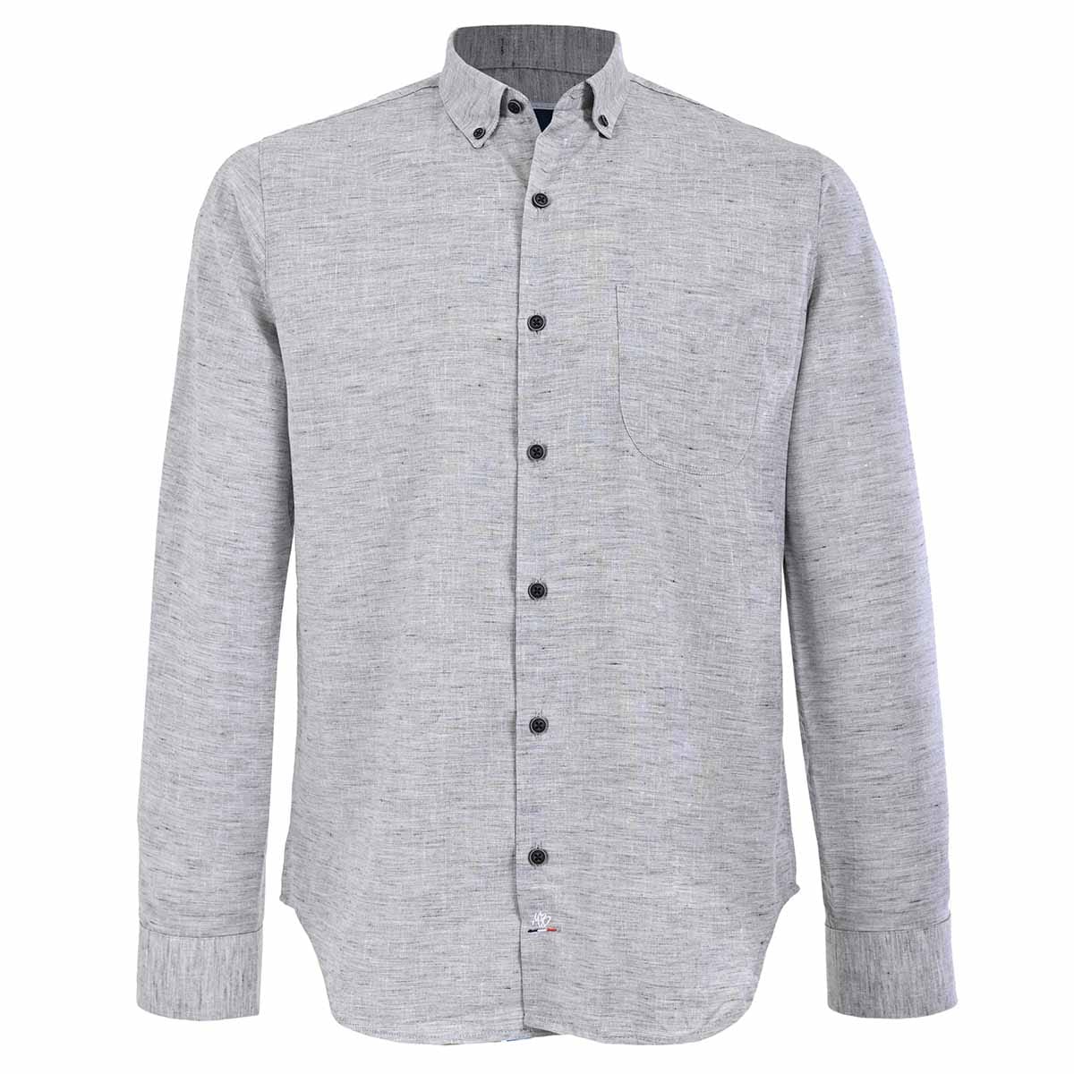 Camisa manga larga tipo lino gris claro.