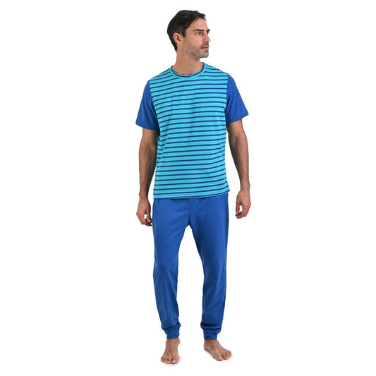 Pijama manga corta verde aqua con azul y pantalon azul