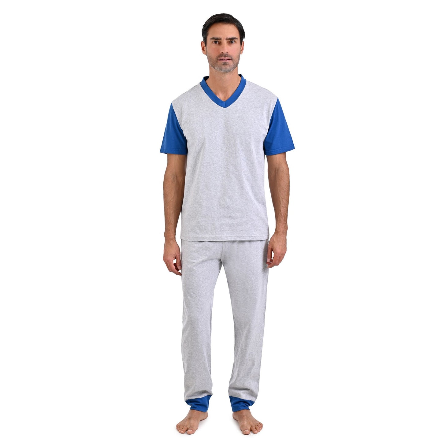 Pijama manga corta gris con azul y pantalón gris