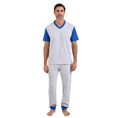 Pijama manga corta gris con azul y pantalón gris