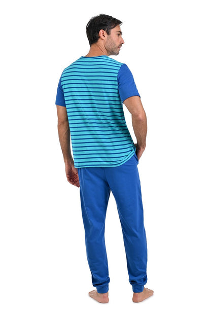 Pijama manga corta verde aqua con azul y pantalon azul