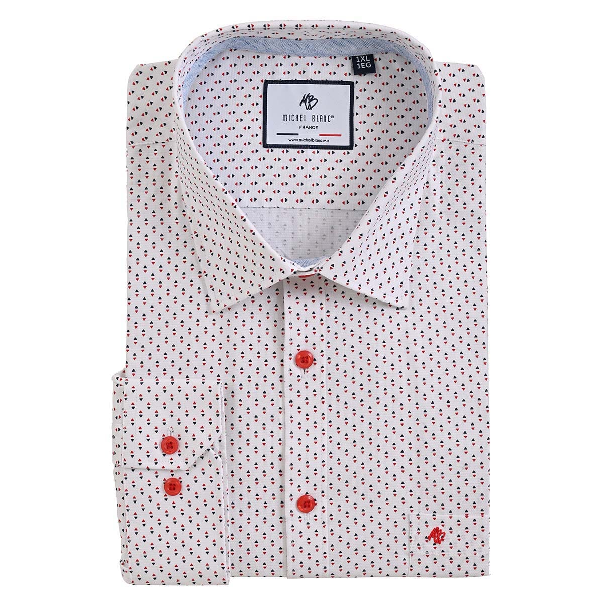 Camisa talla extra blanca fantasia con botón rojo