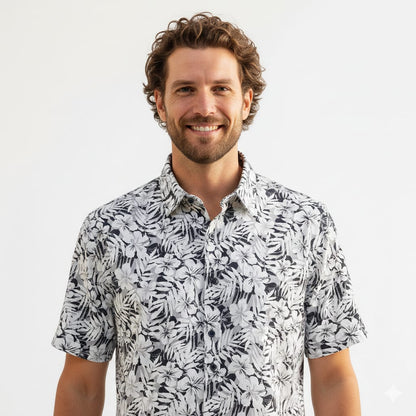 Camisa Manga corta negra con blanco floreada Botton down