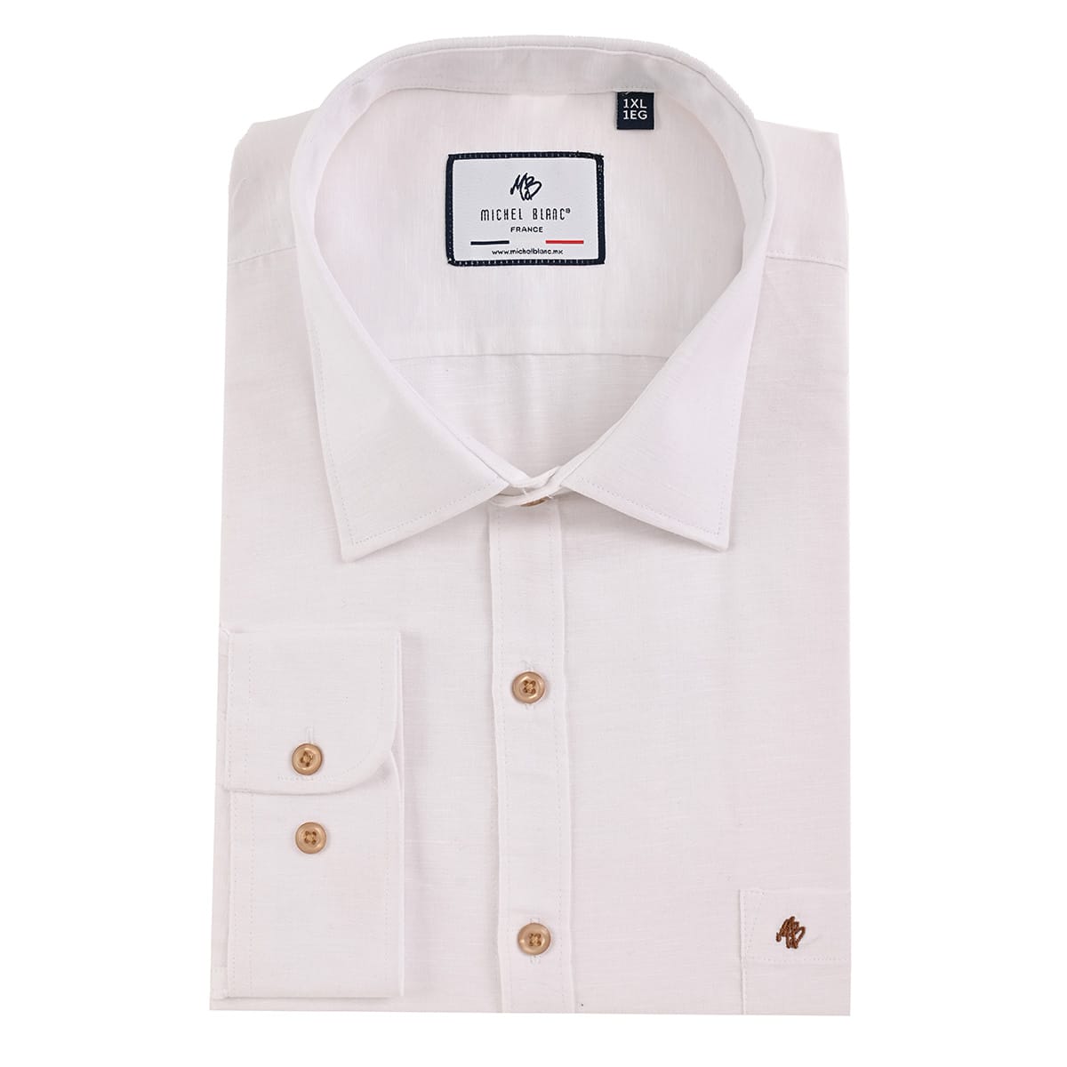 Camisa talla extra blanca con botón beige